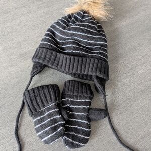 2t - 3t Striped Black and Gray Kids Autumn Winter Spring Hat and Mittens Set